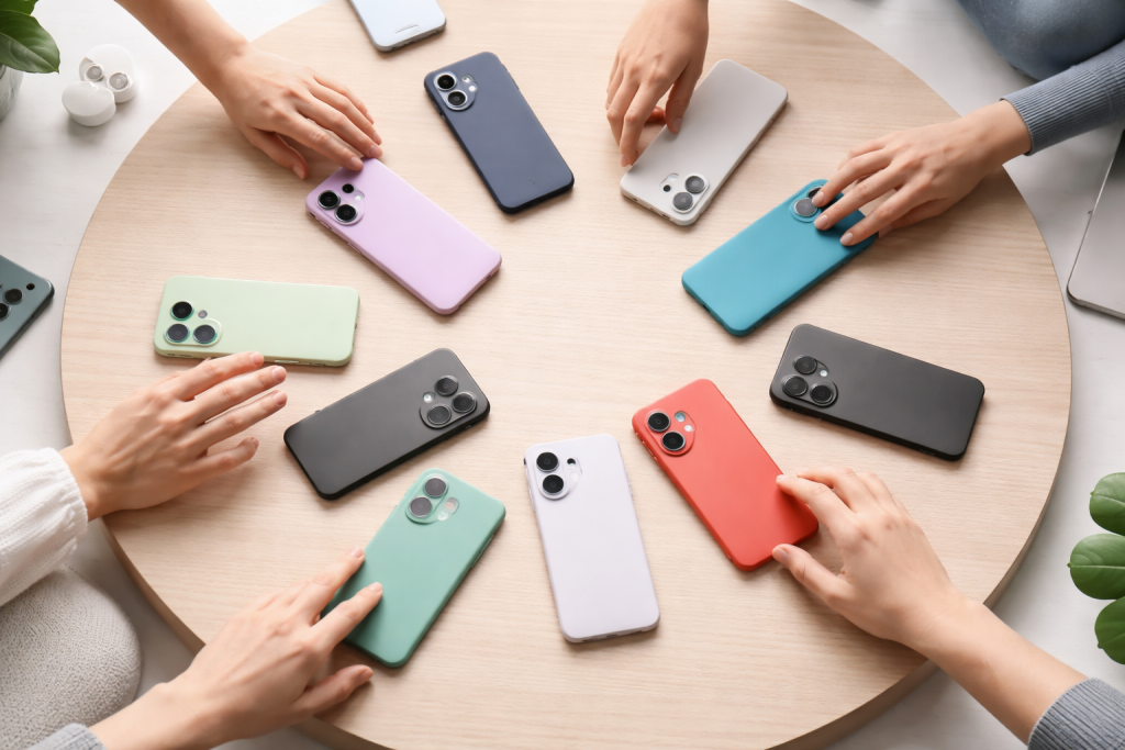 [light] Mission/vision-billede: et stiliseret nærbillede af flere forskellige smartphones, der ligger som en cirkel på et bord, med hænder der når ud efter dem. Symboliserer valg, overblik og hjælp til at finde den rigtige enhed og det rigtige tilbehør.