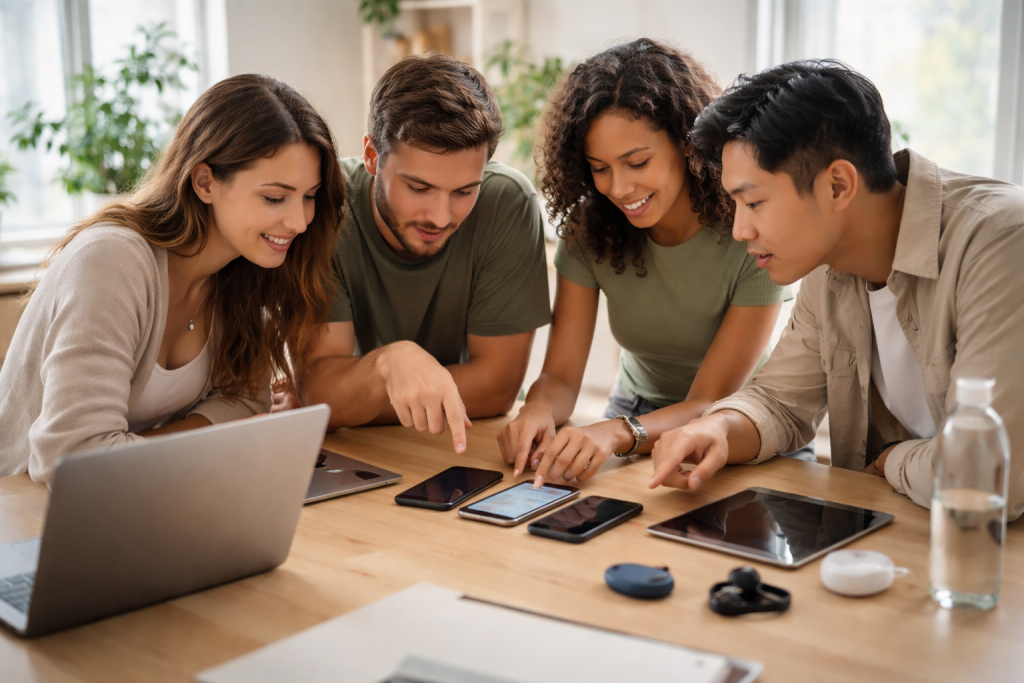 [light] "Om os"-billede: et lille, uformelt team i et lyst kontor samles omkring et bord med laptops, smartphones og tablets, mens de diskuterer noget på en skærm. Fokus på samarbejde, nørdet gadget-interesse og dansk, afslappet arbejdskultur.