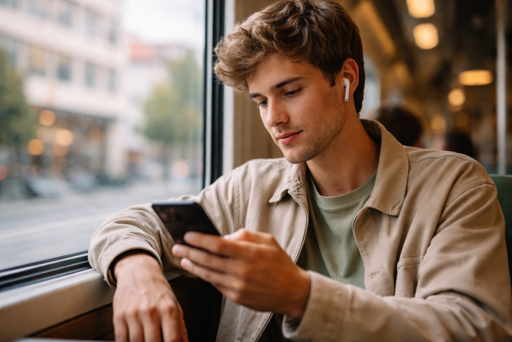 [light] Lifestyle/atmosfære: en ung person i offentlig transport eller café, der bruger smartphone og trådløse høretelefoner i en afslappet hverdagssituation. Viser mobilteknologi som naturlig del af livet.