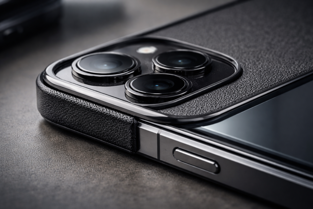 [light] Detaljebillede: ekstremt nærbillede af en smartphonekant med kameramodul, hvor også et cover og en skærmbeskytter anes. Fokus på kvalitet, materialer og beskyttelse.
