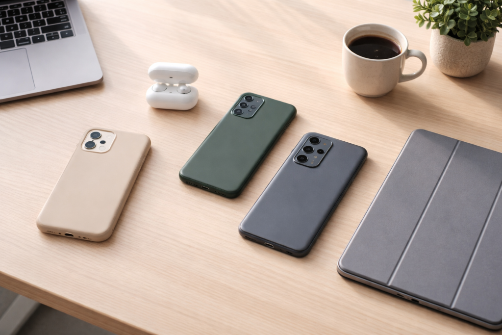 [light] Bred hero forside: et moderne skandinavisk skrivebord med flere smartphones (iPhone, Samsung, Android) og en tablet spredt ud, set skråt ovenfra. Rene linjer, lyse farver og et roligt, teknologisk univers, der signalerer overblik og guider om mobilvalg.