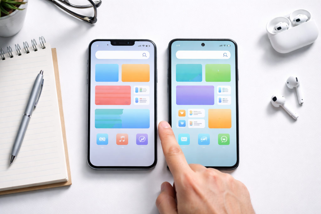[light] Servicebillede til guides om valg af smartphone: to forskellige smartphones (fx én iPhone-lignende og én Android-lignende) ligger side om side, mens en hånd peger sammenlignende mellem skærmene.