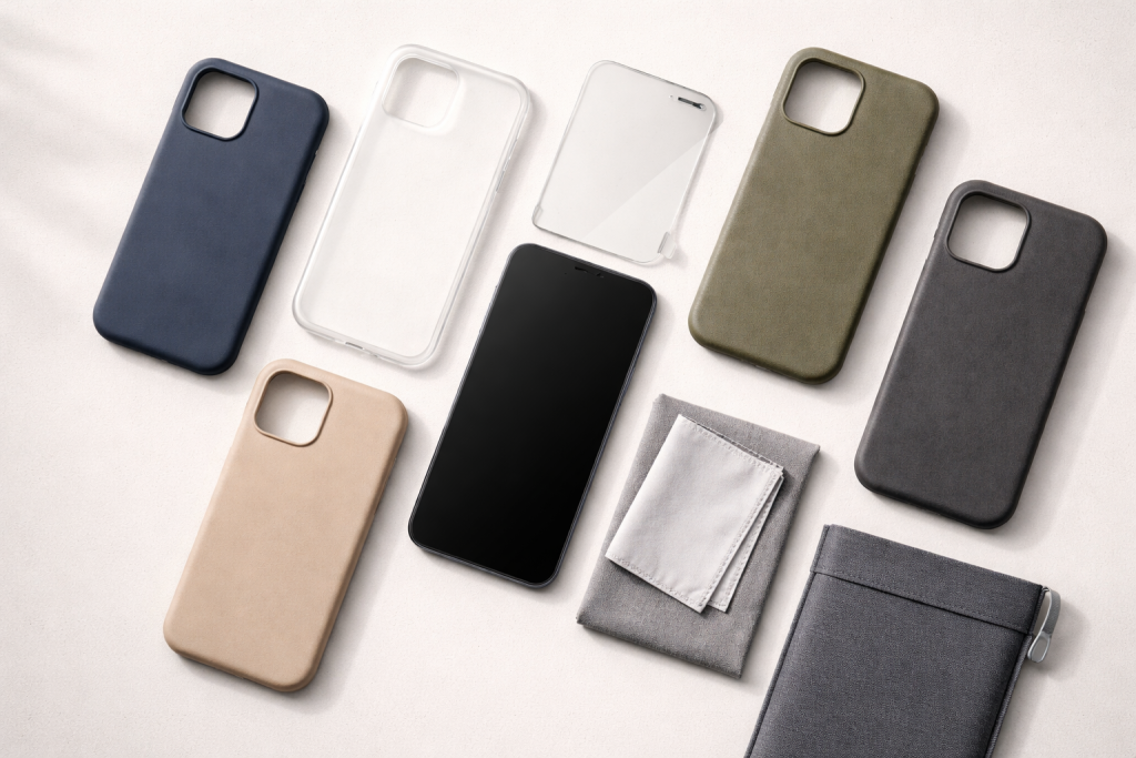 [light] Servicebillede til mobilcovers og beskyttelse: et udvalg af covers, skærmbeskyttelse og små gadgets lagt æstetisk op ved siden af en smartphone på et bord, med fokus på materialer og farver.