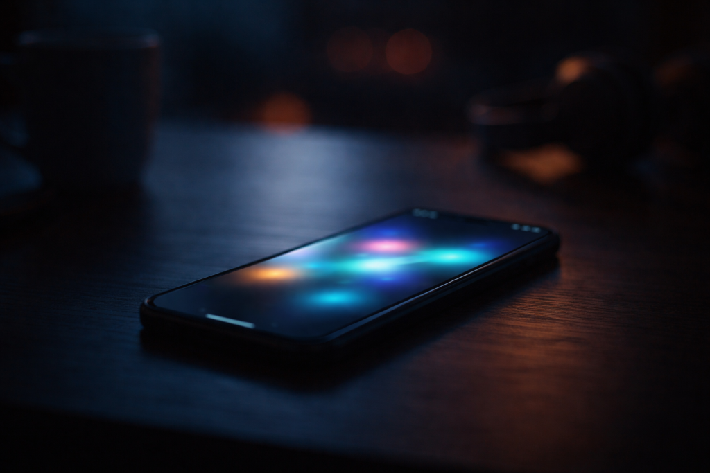 [dark] Baggrund til testimonials: en lidt mørkere, stemningsfuld scene med en smartphone i fokus på et bord, hvor skærmen kaster et blødt lys i det halvmørke rum. Skaber ro og tryghed omkring brugeroplevelser.